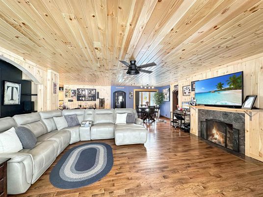 Dining room, Fireplace, Interior, Living room, Wooden Ceilings, Wood Texture Flooring, Wooden Walls