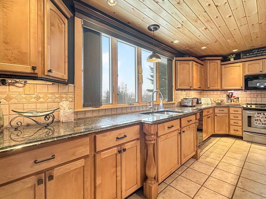 Interior, Kitchen, Pendant Lights, Recessed Lighting, Stainless Steel Appliances, Wooden Ceilings