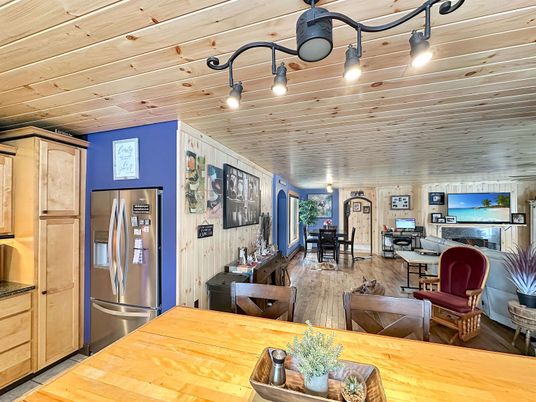 Dining room, Interior, Kitchen, Stainless Steel Appliances, Wooden Ceilings, Wood Texture Flooring