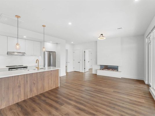 Fireplace, Interior, Kitchen, Pendant Lights, Recessed Lighting, Stainless Steel Appliances, Wood Texture Flooring