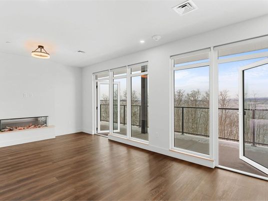 Empty room, Fireplace, Interior, Recessed Lighting, Wood Texture Flooring