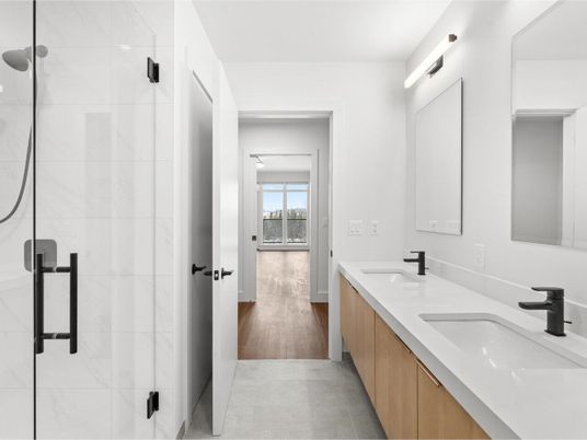 Bathroom, Dual Sink Vanities, Glass Shower, Interior, Wood Texture Flooring