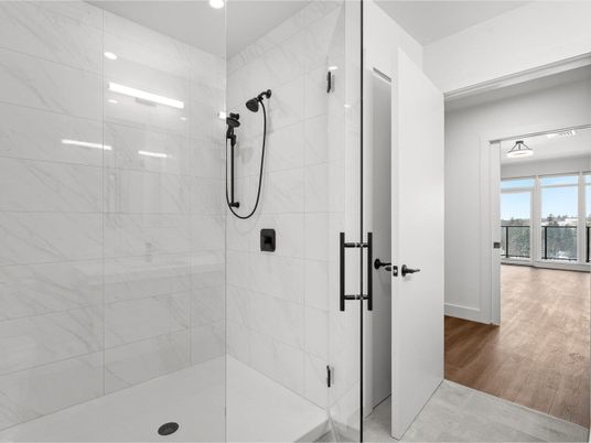 Bathroom, Glass Shower, Interior, Marble Walls, Recessed Lighting, Wood Texture Flooring