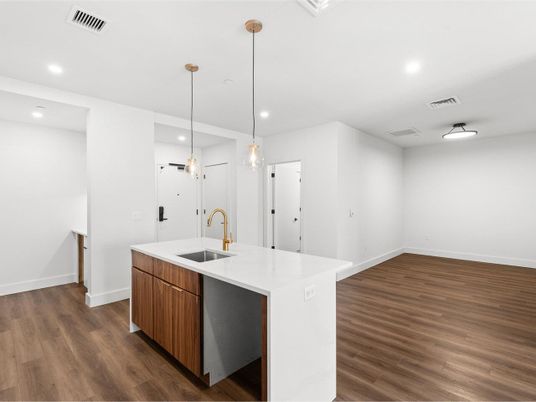 Interior, Kitchen, Pendant Lights, Recessed Lighting, Wood Texture Flooring