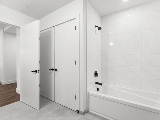 Bathroom, Interior, Marble Walls, Recessed Lighting, Wood Texture Flooring