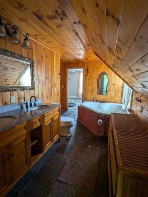 Bathroom, Dual Sink Vanities, Interior, Wooden Ceilings, Wooden Walls