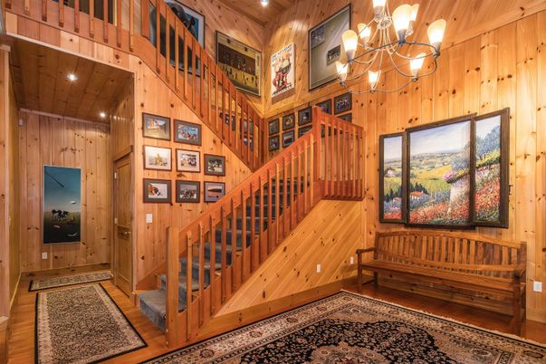 Chandelier, Interior, Recessed Lighting, Wooden Ceilings, Wood Texture Flooring, Wooden Walls