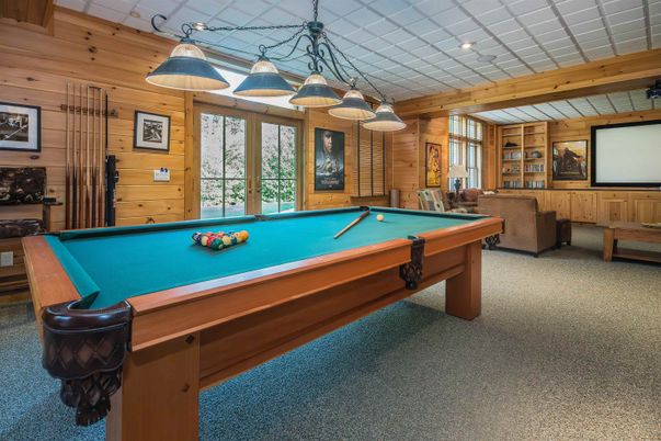 Billiard Table, Game Room, Interior, Pendant Lights, Wooden Beams, Wooden Walls