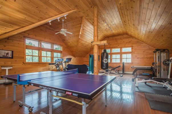 Fitness Equipment, Game Room, Interior, Wooden Ceilings, Wood Texture Flooring, Wooden Walls