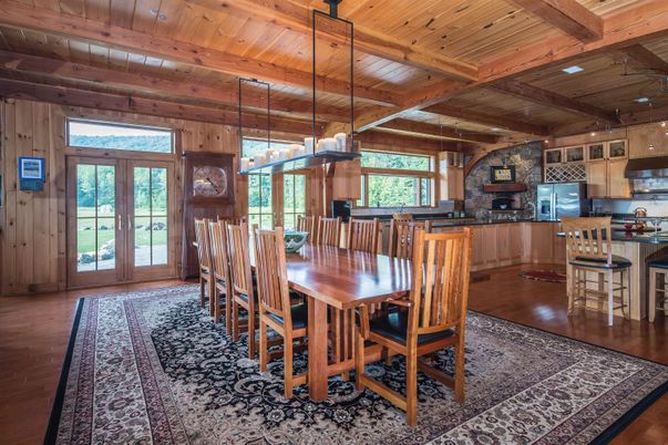 Dining room, Fireplace, Interior, Kitchen, Pendant Lights, Wooden Beams, Wooden Ceilings, Wood Texture Flooring