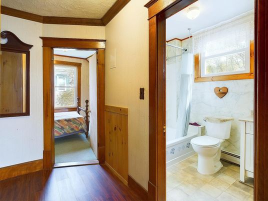 Bathroom, Interior, Marble Walls, Wood Texture Flooring