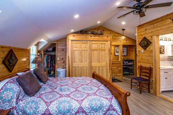 Bedroom, Interior, Recessed Lighting, Wood Texture Flooring, Wooden Walls