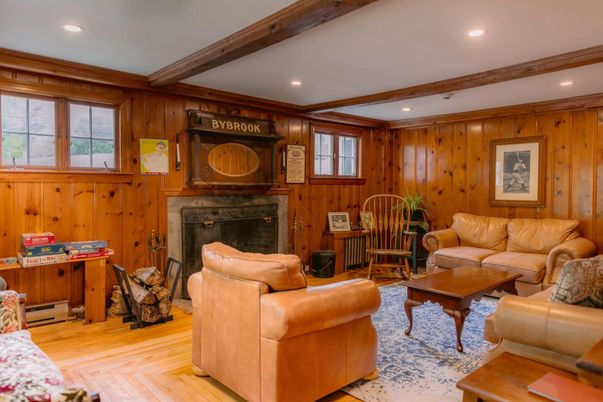 Fireplace, Interior, Living room, Recessed Lighting, Wooden Beams, Wood Texture Flooring, Wooden Walls