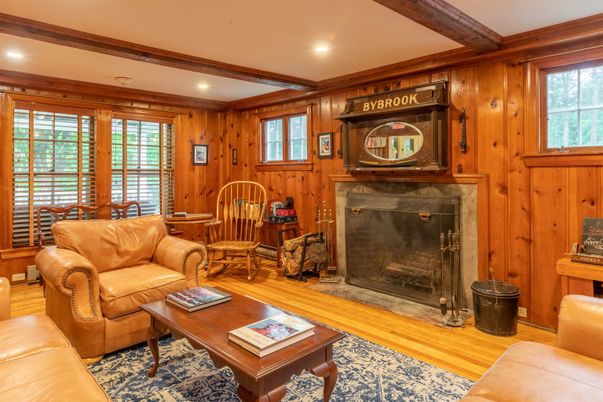 Fireplace, Interior, Living room, Recessed Lighting, Wooden Beams, Wood Texture Flooring, Wooden Walls