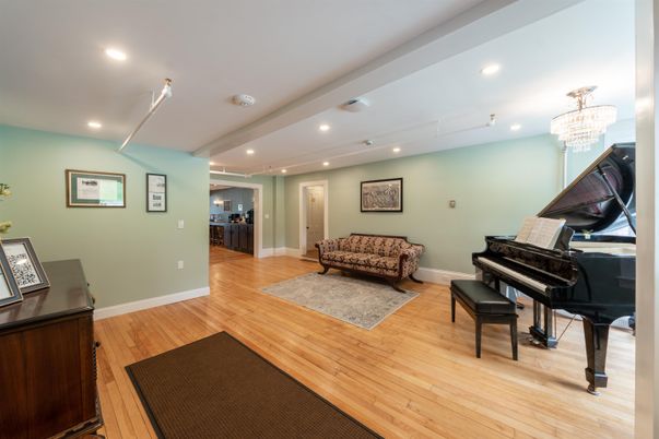 Chandelier, Interior, Living room, Piano, Recessed Lighting, Wood Texture Flooring
