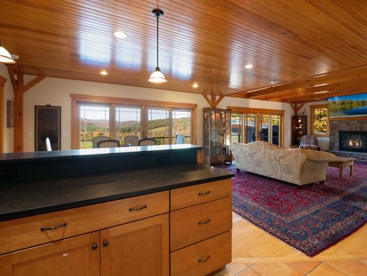 Fireplace, Interior, Living room, Pendant Lights, Recessed Lighting, Wooden Ceilings, Wood Texture Flooring