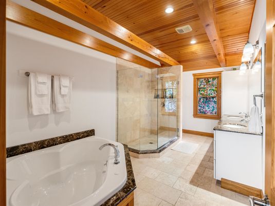 Bathroom, Dual Sink Vanities, Glass Shower, Interior, Recessed Lighting, Wooden Beams, Wooden Ceilings