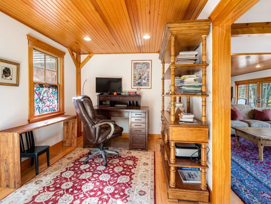 Home Office, Interior, Recessed Lighting, Wooden Beams, Wooden Ceilings, Wood Texture Flooring
