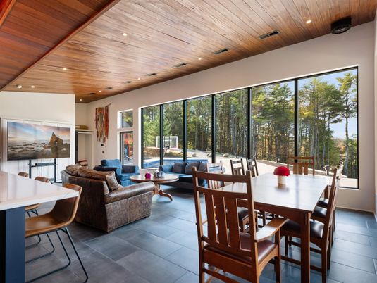 Dining room, Interior, Living room, Recessed Lighting, Wooden Ceilings