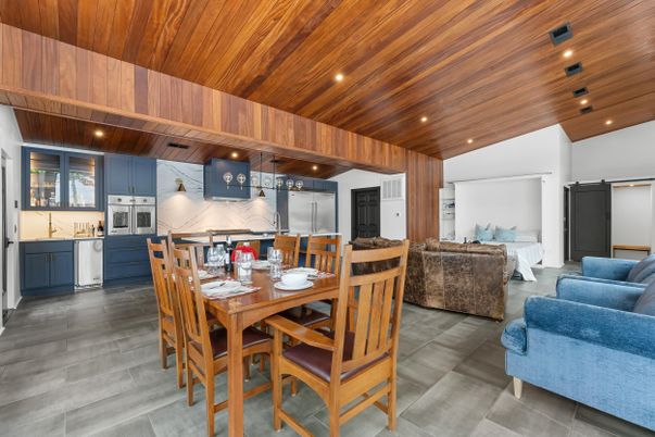 Dining room, Interior, Kitchen, Living room, Marble Walls, Pendant Lights, Recessed Lighting, Wooden Ceilings