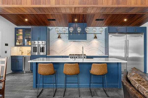 Interior, Kitchen, Marble Walls, Recessed Lighting, Stainless Steel Appliances, Wooden Ceilings