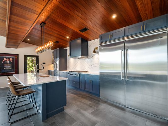 Interior, Kitchen, Marble Walls, Pendant Lights, Recessed Lighting, Stainless Steel Appliances, Wooden Ceilings