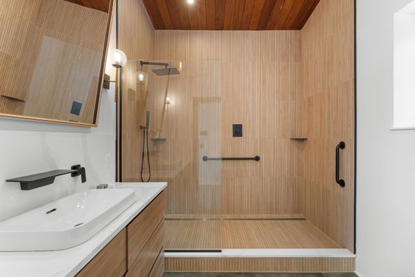 Bathroom, Glass Shower, Interior, Pendant Lights, Recessed Lighting, Wooden Ceilings, Wooden Walls