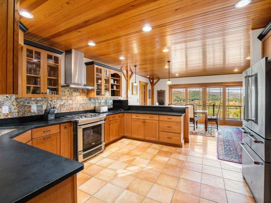 Dining room, Interior, Kitchen, Pendant Lights, Recessed Lighting, Stainless Steel Appliances, Wooden Ceilings