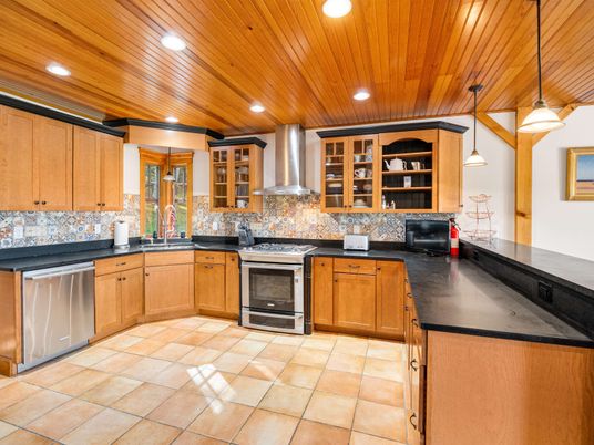 Interior, Kitchen, Pendant Lights, Recessed Lighting, Stainless Steel Appliances, Wooden Ceilings
