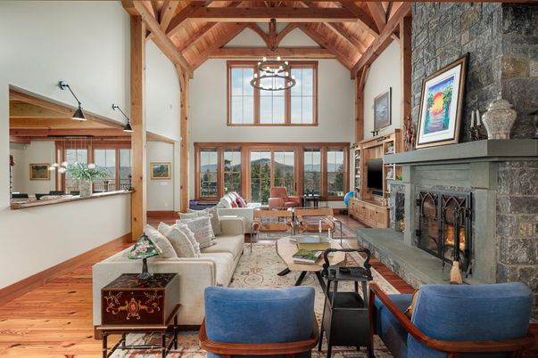 Fireplace, Interior, Living room, Pendant Lights, Wooden Beams, Wooden Ceilings, Wood Texture Flooring