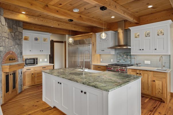 Interior, Kitchen, Pendant Lights, Recessed Lighting, Stainless Steel Appliances, Stone Walls, Wooden Beams, Wooden Ceilings, Wood Texture Flooring