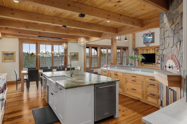 Dining room, Fireplace, Interior, Kitchen, Pendant Lights, Stone Walls, Wooden Beams, Wooden Ceilings, Wood Texture Flooring