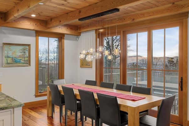 Dining room, Interior, Pendant Lights, Recessed Lighting, Wooden Beams, Wooden Ceilings, Wood Texture Flooring