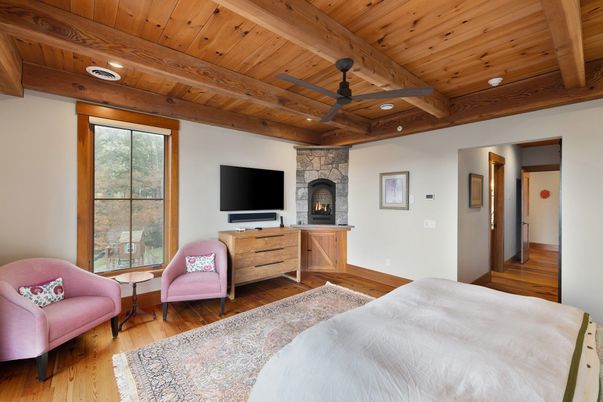 Bedroom, Fireplace, Interior, Recessed Lighting, Stone Walls, Wooden Beams, Wooden Ceilings, Wood Texture Flooring