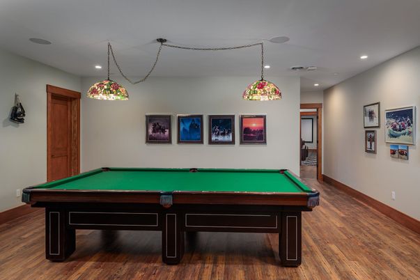Billiard Table, Game Room, Interior, Pendant Lights, Recessed Lighting, Wood Texture Flooring