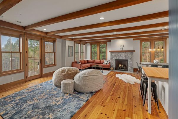 Fireplace, Interior, Living room, Recessed Lighting, Wooden Beams, Wood Texture Flooring