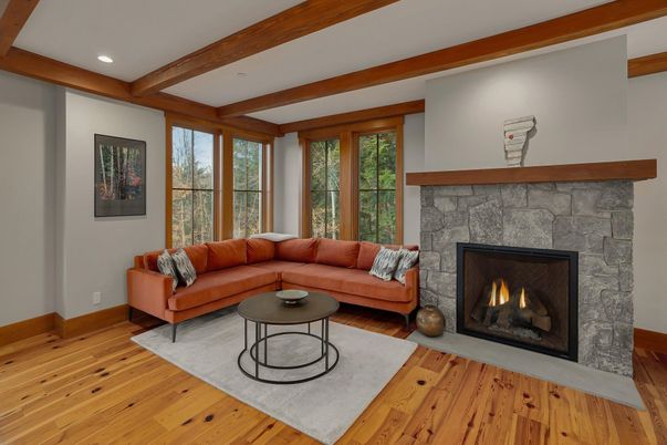Fireplace, Interior, Living room, Recessed Lighting, Wooden Beams, Wood Texture Flooring