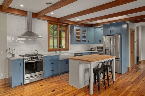 Interior, Kitchen, Recessed Lighting, Stainless Steel Appliances, Wooden Beams, Wood Texture Flooring