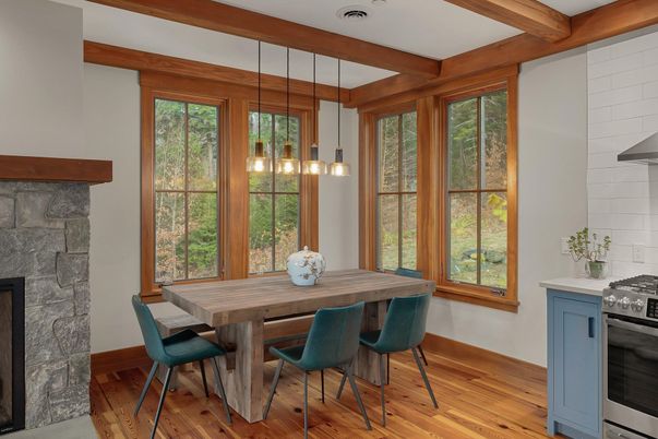 Dining room, Fireplace, Interior, Pendant Lights, Wooden Beams, Wood Texture Flooring