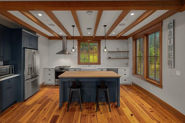 Interior, Kitchen, Pendant Lights, Recessed Lighting, Stainless Steel Appliances, Wooden Beams, Wood Texture Flooring