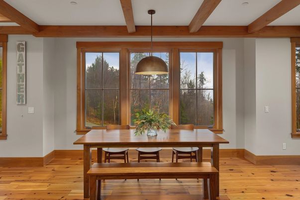 Dining room, Interior, Pendant Lights, Wooden Beams, Wood Texture Flooring