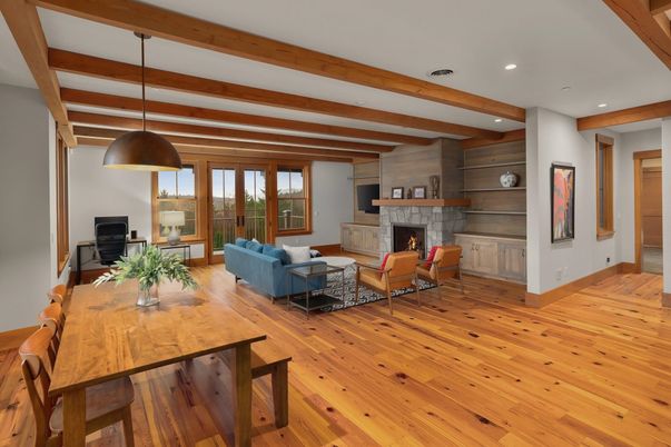 Dining room, Fireplace, Interior, Living room, Pendant Lights, Recessed Lighting, Wooden Beams, Wood Texture Flooring, Wooden Walls