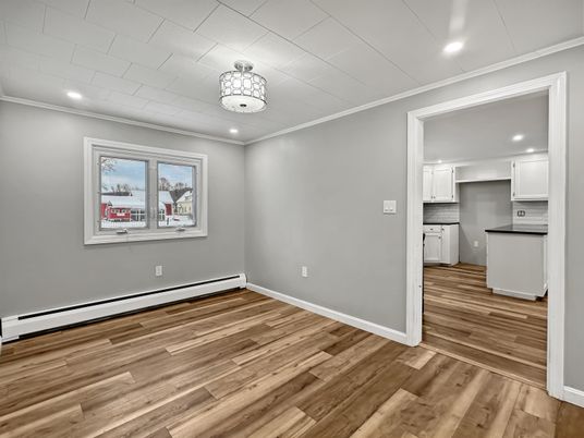 Empty room, Interior, Kitchen, Recessed Lighting, Wood Texture Flooring