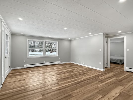 Bedroom, Empty room, Interior, Recessed Lighting, Wood Texture Flooring