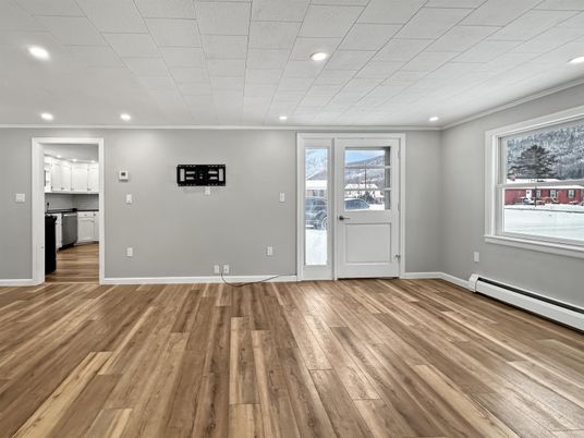 Empty room, Interior, Kitchen, Recessed Lighting, Wood Texture Flooring