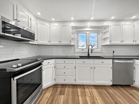 Interior, Kitchen, Recessed Lighting, Stainless Steel Appliances, Wood Texture Flooring