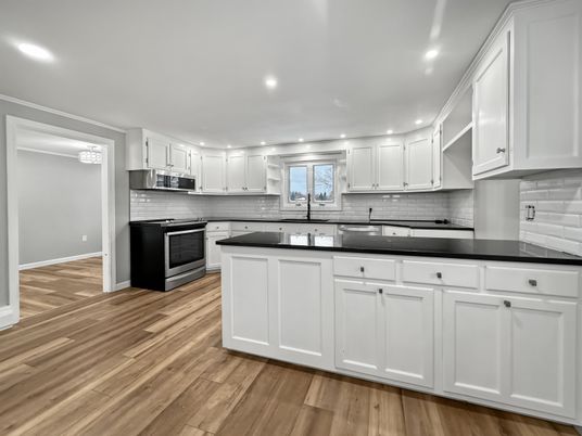 Interior, Kitchen, Recessed Lighting, Stainless Steel Appliances, Wood Texture Flooring