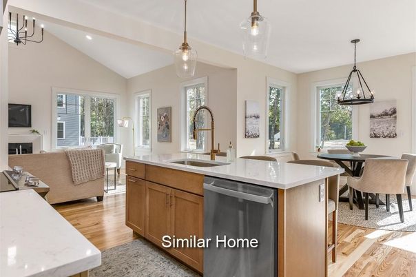 Dining room, Fireplace, Interior, Kitchen, Living room, Pendant Lights, Recessed Lighting, Wood Texture Flooring