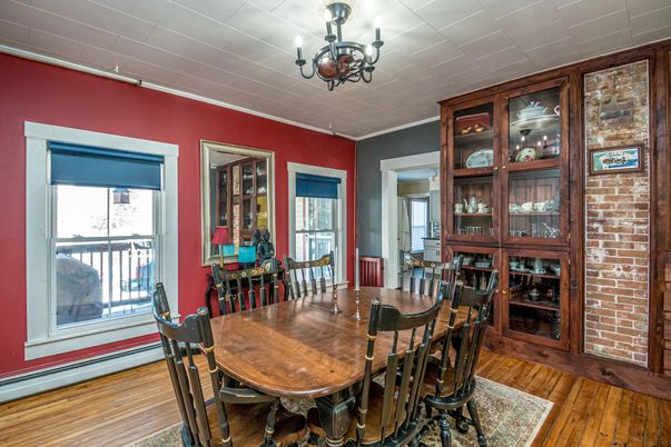 Chandelier, Dining room, Interior, Stone Walls, Wood Texture Flooring