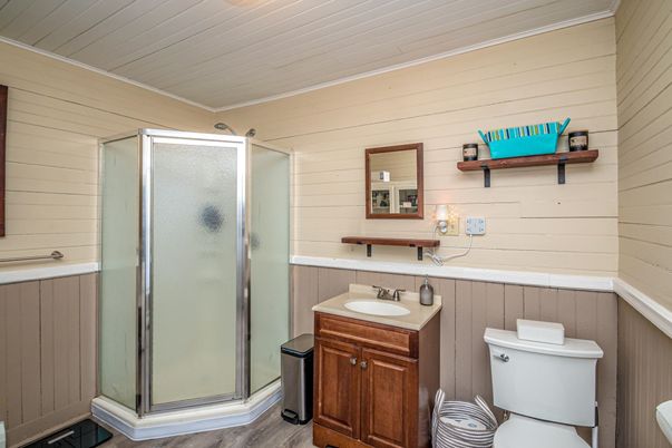 Bathroom, Glass Shower, Interior, Wood Texture Flooring